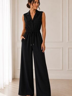 Sleeveless Drawstring Wide-Leg Jumpsuit - Black